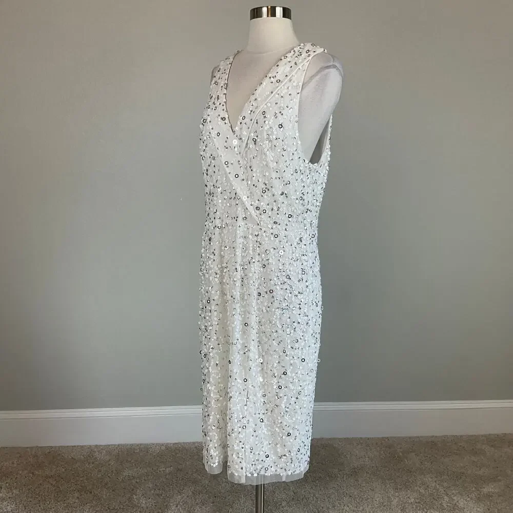 Adrianna Papell Sequin Sleeveless Sheath Cocktail Dress White and Silver Size 8 - Picture 5 of 13